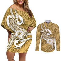Polynesia Couples Matching Off Shoulder Short Dress and Long Sleeve Button Shirts Plumeria With Tribal Pattern Yellow Pastel Vibes - Wonder Print Shop