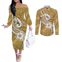 polynesia-couples-matching-off-the-shoulder-long-sleeve-dress-and-long-sleeve-button-shirts-plumeria-with-tribal-pattern-yellow-pastel-vibes