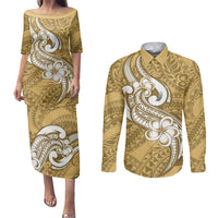 Polynesia Couples Matching Puletasi Dress and Long Sleeve Button Shirts Plumeria With Tribal Pattern Yellow Pastel Vibes - Wonder Print Shop