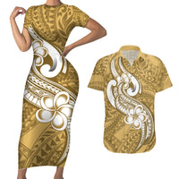 Polynesia Couples Matching Short Sleeve Bodycon Dress and Hawaiian Shirt Plumeria With Tribal Pattern Yellow Pastel Vibes - Wonder Print Shop