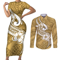 Polynesia Couples Matching Short Sleeve Bodycon Dress and Long Sleeve Button Shirts Plumeria With Tribal Pattern Yellow Pastel Vibes - Wonder Print Shop