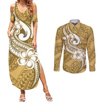 Polynesia Couples Matching Summer Maxi Dress and Long Sleeve Button Shirts Plumeria With Tribal Pattern Yellow Pastel Vibes - Wonder Print Shop
