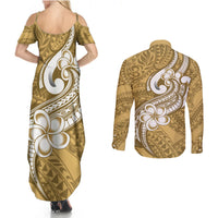 Polynesia Couples Matching Summer Maxi Dress and Long Sleeve Button Shirts Plumeria With Tribal Pattern Yellow Pastel Vibes - Wonder Print Shop