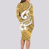 Polynesia Long Sleeve Bodycon Dress Plumeria With Tribal Pattern Yellow Pastel Vibes - Wonder Print Shop