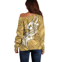 Polynesia Off Shoulder Sweater Plumeria With Tribal Pattern Yellow Pastel Vibes - Wonder Print Shop