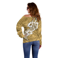 Polynesia Off Shoulder Sweater Plumeria With Tribal Pattern Yellow Pastel Vibes - Wonder Print Shop