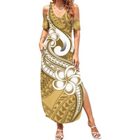 Women's cold-shoulder maxi dress, olive and white tribal print with large plumeria motif