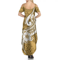 Women's cold-shoulder maxi dress, olive and white tribal print and plumeria graphic back