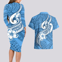 Polynesia Couples Matching Long Sleeve Bodycon Dress and Hawaiian Shirt Plumeria With Tribal Pattern Blue Pastel Vibes - Wonder Print Shop