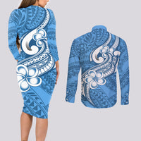 Polynesia Couples Matching Long Sleeve Bodycon Dress and Long Sleeve Button Shirts Plumeria With Tribal Pattern Blue Pastel Vibes - Wonder Print Shop