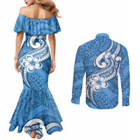 polynesia-couples-matching-mermaid-dress-and-long-sleeve-button-shirts-plumeria-with-tribal-pattern-blue-pastel-vibes
