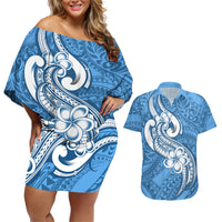 Polynesia Couples Matching Off Shoulder Short Dress and Hawaiian Shirt Plumeria With Tribal Pattern Blue Pastel Vibes - Wonder Print Shop