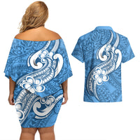 Polynesia Couples Matching Off Shoulder Short Dress and Hawaiian Shirt Plumeria With Tribal Pattern Blue Pastel Vibes - Wonder Print Shop