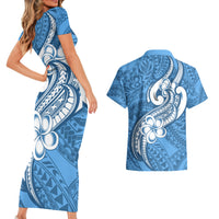 Polynesia Couples Matching Short Sleeve Bodycon Dress and Hawaiian Shirt Plumeria With Tribal Pattern Blue Pastel Vibes - Wonder Print Shop