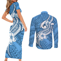 Polynesia Couples Matching Short Sleeve Bodycon Dress and Long Sleeve Button Shirts Plumeria With Tribal Pattern Blue Pastel Vibes - Wonder Print Shop