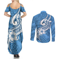 Polynesia Couples Matching Summer Maxi Dress and Long Sleeve Button Shirts Plumeria With Tribal Pattern Blue Pastel Vibes - Wonder Print Shop