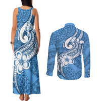 Polynesia Couples Matching Tank Maxi Dress and Long Sleeve Button Shirts Plumeria With Tribal Pattern Blue Pastel Vibes - Wonder Print Shop