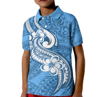Kids blue polo shirt with large white floral and tribal graphic, short sleeves