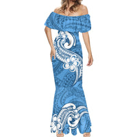 Polynesia Mermaid Dress Plumeria With Tribal Pattern Blue Pastel Vibes - Wonder Print Shop