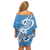 Polynesia Off Shoulder Short Dress Plumeria With Tribal Pattern Blue Pastel Vibes - Wonder Print Shop