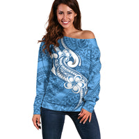 Polynesia Off Shoulder Sweater Plumeria With Tribal Pattern Blue Pastel Vibes - Wonder Print Shop