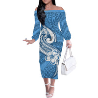 Polynesia Off The Shoulder Long Sleeve Dress Plumeria With Tribal Pattern Blue Pastel Vibes - Wonder Print Shop
