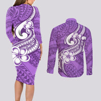 Polynesia Couples Matching Long Sleeve Bodycon Dress and Long Sleeve Button Shirts Plumeria With Tribal Pattern Purple Pastel Vibes - Wonder Print Shop
