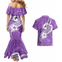 Polynesia Couples Matching Mermaid Dress and Hawaiian Shirt Plumeria With Tribal Pattern Purple Pastel Vibes - Wonder Print Shop