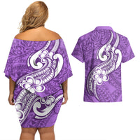 Polynesia Couples Matching Off Shoulder Short Dress and Hawaiian Shirt Plumeria With Tribal Pattern Purple Pastel Vibes - Wonder Print Shop
