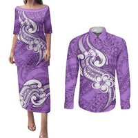 Polynesia Couples Matching Puletasi Dress and Long Sleeve Button Shirts Plumeria With Tribal Pattern Purple Pastel Vibes - Wonder Print Shop