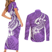 Polynesia Couples Matching Short Sleeve Bodycon Dress and Long Sleeve Button Shirts Plumeria With Tribal Pattern Purple Pastel Vibes - Wonder Print Shop