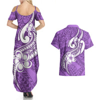 Polynesia Couples Matching Summer Maxi Dress and Hawaiian Shirt Plumeria With Tribal Pattern Purple Pastel Vibes - Wonder Print Shop