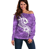 Polynesia Off Shoulder Sweater Plumeria With Tribal Pattern Purple Pastel Vibes - Wonder Print Shop