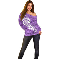 Polynesia Off Shoulder Sweater Plumeria With Tribal Pattern Purple Pastel Vibes - Wonder Print Shop
