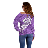 Polynesia Off Shoulder Sweater Plumeria With Tribal Pattern Purple Pastel Vibes - Wonder Print Shop