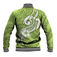 Polynesia Baseball Jacket Plumeria With Tribal Pattern Green Pastel Vibes - Wonder Print Shop