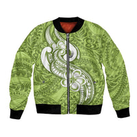 Polynesia Bomber Jacket Plumeria With Tribal Pattern Green Pastel Vibes - Wonder Print Shop