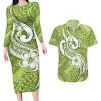 Polynesia Couples Matching Long Sleeve Bodycon Dress and Hawaiian Shirt Plumeria With Tribal Pattern Green Pastel Vibes - Wonder Print Shop