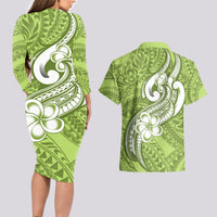 Polynesia Couples Matching Long Sleeve Bodycon Dress and Hawaiian Shirt Plumeria With Tribal Pattern Green Pastel Vibes - Wonder Print Shop