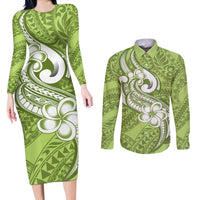 Polynesia Couples Matching Long Sleeve Bodycon Dress and Long Sleeve Button Shirts Plumeria With Tribal Pattern Green Pastel Vibes - Wonder Print Shop