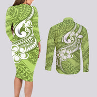 Polynesia Couples Matching Long Sleeve Bodycon Dress and Long Sleeve Button Shirts Plumeria With Tribal Pattern Green Pastel Vibes - Wonder Print Shop