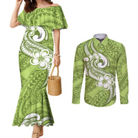 polynesia-couples-matching-mermaid-dress-and-long-sleeve-button-shirts-plumeria-with-tribal-pattern-green-pastel-vibes
