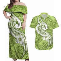 Polynesia Couples Matching Off Shoulder Maxi Dress and Hawaiian Shirt Plumeria With Tribal Pattern Green Pastel Vibes - Wonder Print Shop