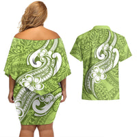Polynesia Couples Matching Off Shoulder Short Dress and Hawaiian Shirt Plumeria With Tribal Pattern Green Pastel Vibes - Wonder Print Shop