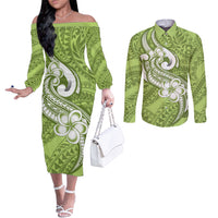 polynesia-couples-matching-off-the-shoulder-long-sleeve-dress-and-long-sleeve-button-shirts-plumeria-with-tribal-pattern-green-pastel-vibes