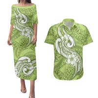 Polynesia Couples Matching Puletasi Dress and Hawaiian Shirt Plumeria With Tribal Pattern Green Pastel Vibes - Wonder Print Shop