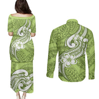 Polynesia Couples Matching Puletasi Dress and Long Sleeve Button Shirts Plumeria With Tribal Pattern Green Pastel Vibes - Wonder Print Shop