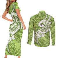 Polynesia Couples Matching Short Sleeve Bodycon Dress and Long Sleeve Button Shirts Plumeria With Tribal Pattern Green Pastel Vibes - Wonder Print Shop