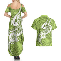 Polynesia Couples Matching Summer Maxi Dress and Hawaiian Shirt Plumeria With Tribal Pattern Green Pastel Vibes - Wonder Print Shop