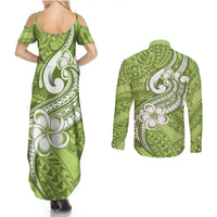 Polynesia Couples Matching Summer Maxi Dress and Long Sleeve Button Shirts Plumeria With Tribal Pattern Green Pastel Vibes - Wonder Print Shop